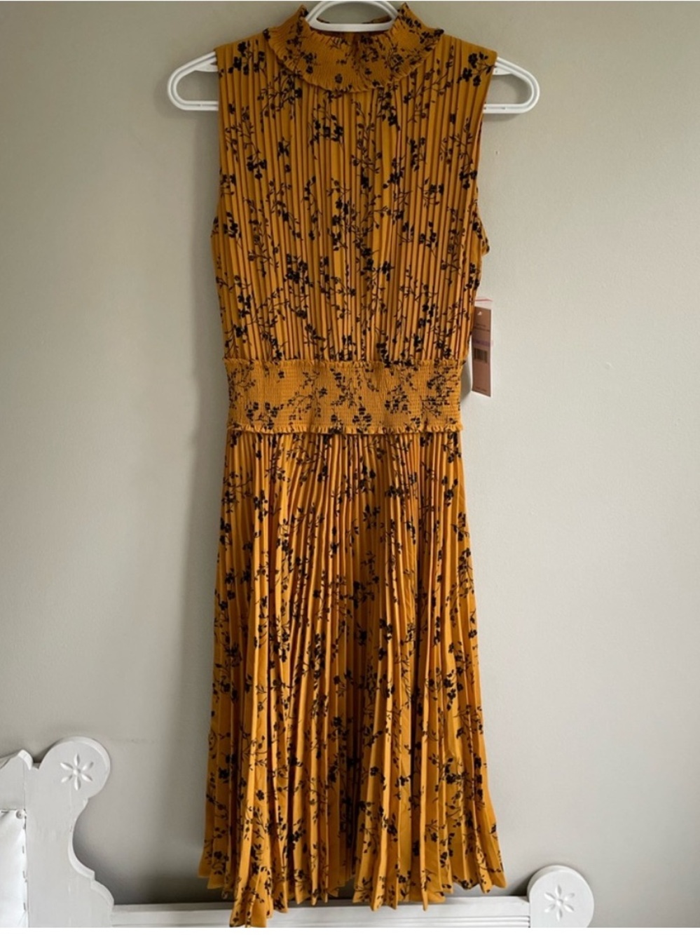 SLEEVELESS SMOCKED PLEATED MOCK TURTLENECK DRESS COLONEL MUSTARD BLACK FLOWERS